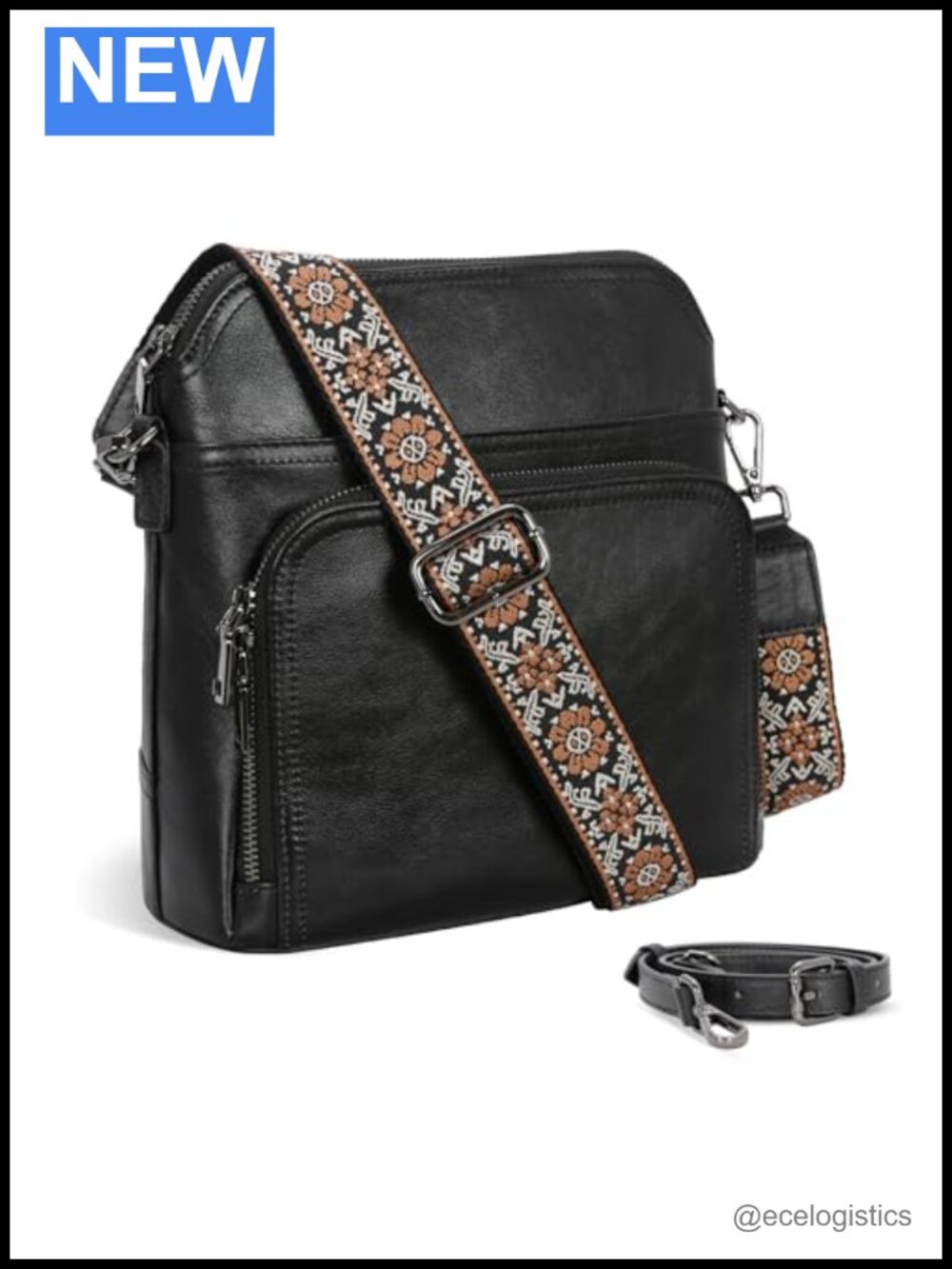 Genuine Leather Crossbody Bag with Built-in Wallet, Adjustable Straps